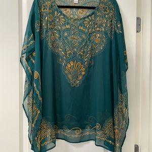 Chico’s Delicate Embroidered Poncho Dark Green and Gold